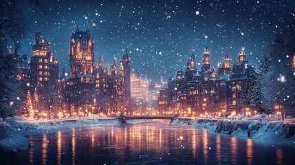 Fototapeta premium Winter city with illuminated building architecture and dark night lights, explore beautiful landmark castle, travel to snowy urban landscape with towers and river, picturesque evening for tourism