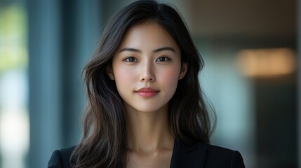 Fototapeta premium Portrait of a young Asian businesswoman, capturing her confidence and professionalism, ideal for modern business and leadership themes with copy space
