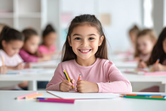 A smiling girl in a classroom, holding colored pencils, ready to draw. Other children in the background are also engaged in drawing activities.