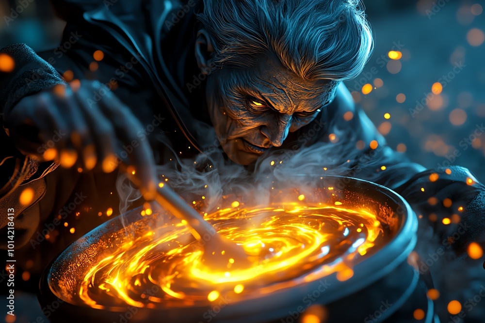 Poster hyper-detailed image of a witch stirring a cauldron, with swirling smoke and glowing potions casting