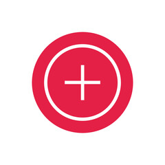 Plus sign icon. Positive symbol. Add vector in red circle. Flat design style.