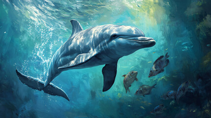 A playful dolphin swimming with a group of fish