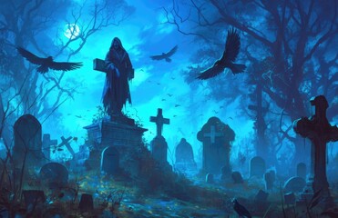 Obraz premium Graveyard Silhouette with Abstract Halloween Background