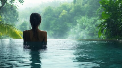 Tropical Bliss: Woman Embracing Warm Rain in Infinity Pool with Jungle Views