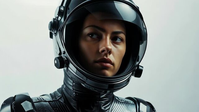 A female astronaut in a black spacesuit looks intently to the side, her helmet's visor reflecting the light