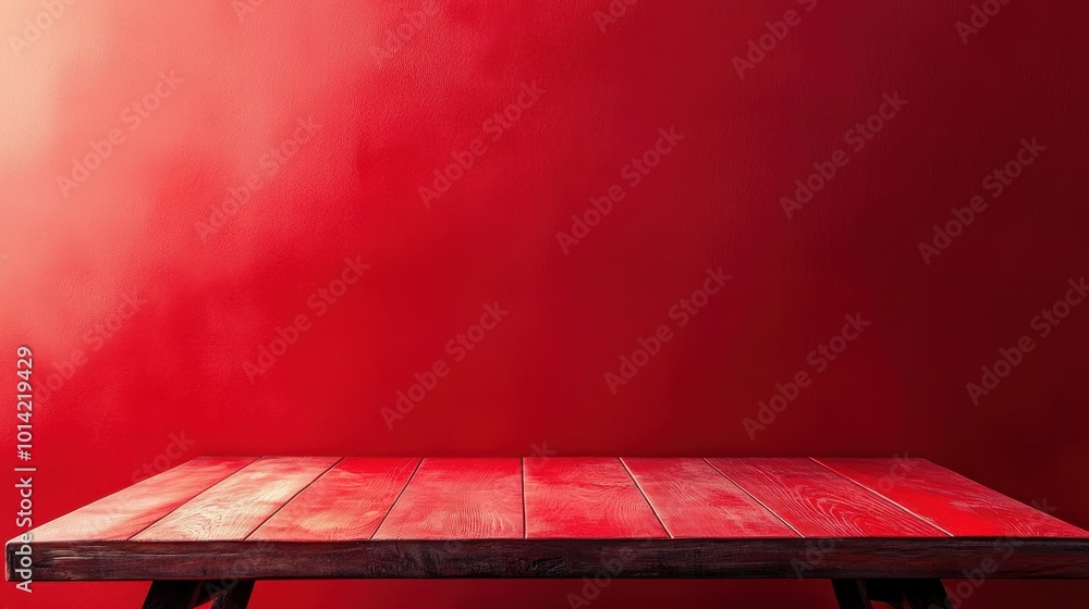 Poster empty red table on red background. copy space, valentines day