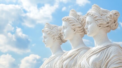Obraz premium Three elegant white statues of women against a soft blue sky with clouds, showcasing classical artistry and serene beauty