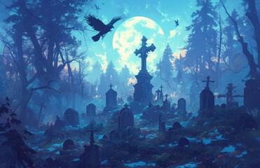 Obraz premium Graveyard Silhouette with Abstract Halloween Background