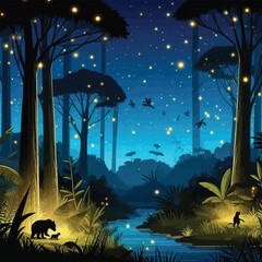 nighttime jungle scene illuminated by fireflies illustration 