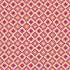 A grid of squares pattern on this seamless fabric, bold purple, forms the foundation of the design. Each square is filled with a delicate pattern of small, yellow diamonds of texture  and depth. 