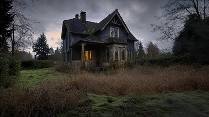 Obraz premium Abandoned House in the Woods: A Haunting Image of Decay