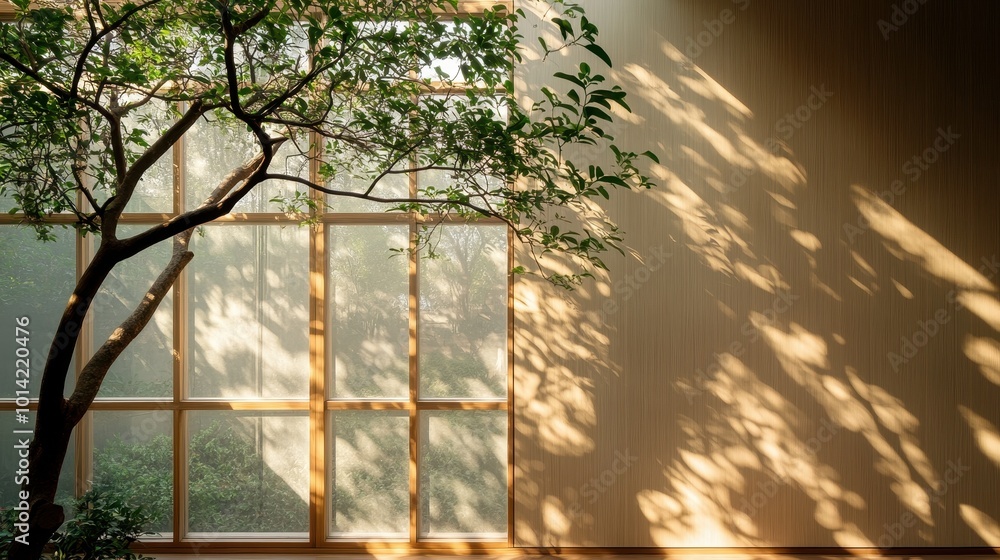 Poster shadow of tree branch on window and wall with sunlight filtering through wood, highlighting the arch