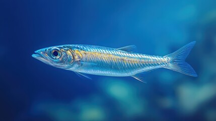 Fototapeta premium Sardine fish swimming underwater in sea or ocean, marine life and aquatic ecosystems, tropical wildlife food with a deep blue nautical background