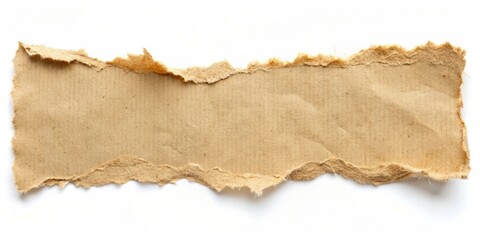 A close-up of a ripped piece of brown paper with frayed edges, isolated on a white background.
