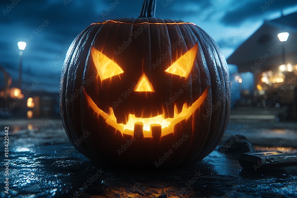 Poster hyper-realistic close-up of a glowing jack-oâ€™-lantern, its carved face flickering with eerie light