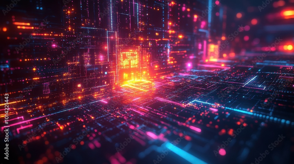 Aufkleber generative ai abstract illustration of geometric shapes and structures in colorful neon colors and l