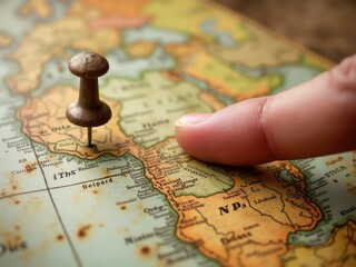A vintage world map with a finger pointing to a location in the Middle East, marked by a pushpin