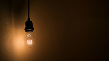 Dark empty room with single flickering light bulb casting long shadows, emphasizing absence of power and eerie atmosphere, minimalist setting with focus on light bulb's glow.