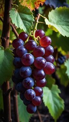 Fototapeta premium Purple grape cluster growing on grapevine, no human presence