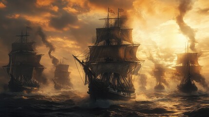 Obraz premium Naval Warfare: Conquer the Seas with Battleships, Warships, and Frigates in an Epic Battle of the Oceans, generative AIAI Generated