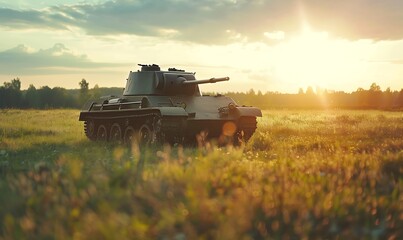 Naklejka premium Military tank in the field at sunset.