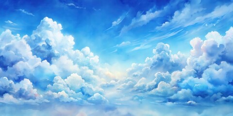 A serene blue sky with fluffy white clouds that are casting soft shadows, creating a calming and dreamy atmosphere.