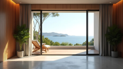 Balcony room with sea and beach view from the window Modern interior with wooden slat wall panels and concrete tiles Terrace mockup with sunlight