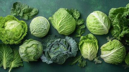 Fototapeta premium Various fresh raw fresh cabbage leaves isolated on a natural green background.