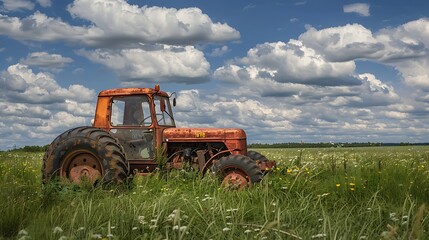 Naklejka premium Old tractor in the field with blue sky and white clouds
