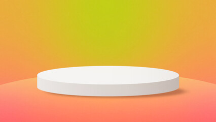 Yellow and orange colour background. Realistic white cylinder pedestal podium. Vector rendering geometric forms design. Minimal scene. shadow. Stage showcase, Mockup product display.