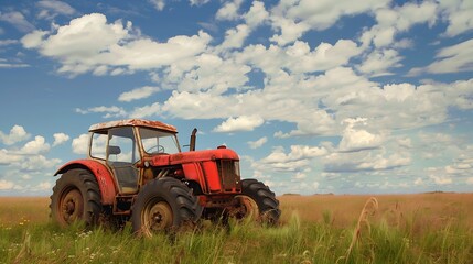 Old tractor in the field with blue sky and white clouds
