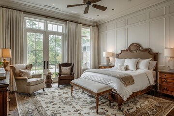 Spacious and elegant bedroom featuring white paneling, wood accents, ornate wooden bed frame, plush bedding, and comfortable seating by large windows, creating a cozy atmosphere.