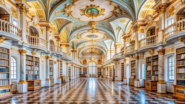 A stock photo depicting the impressive interior of the Library of Admont Abbey Stiftsbibliothek Admont framed by majestic arches golden chandeliers and rows of neatly arranged old books