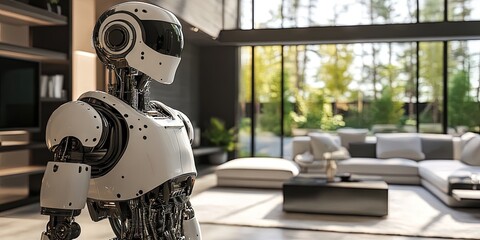 robot standing in contemporary living room