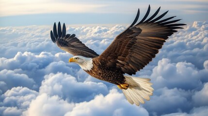 Obraz premium Majestic eagle flight above clouds, spectacular aerial view, sky horizon, freedom perspective