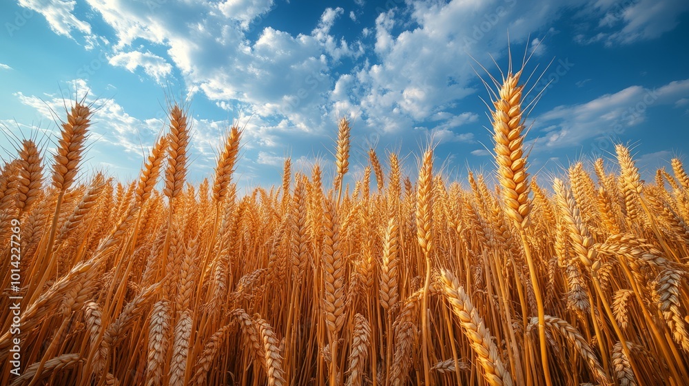 Wall mural large ripe wheat fields ready for harvest under a blue sky form a summertime landscape.