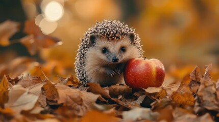 Obraz premium The image shows a small, adorable hedgehog in an autumnal setting. The hedgehog is standing on a pile of fallen leaves, with an apple balanced on its back.