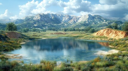Fototapeta premium Serene landscape with mountains, lake, and lush greenery.