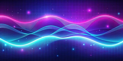 Obraz premium Neon Blue and Pink Wave Pattern Overlapping on a Dark Grid Background with Glowing Dots