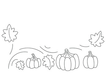 Pumpkins, leaves and vines on white background. Nice horizontal border for Thanksgiving day card or Halloween docoratoin, harvest festival or other use. Vector illustration. Not AI created. 