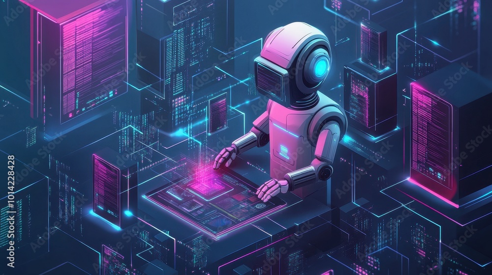 Poster ai technology concept. character working with artificial intelligence, chatbot, generative tools for