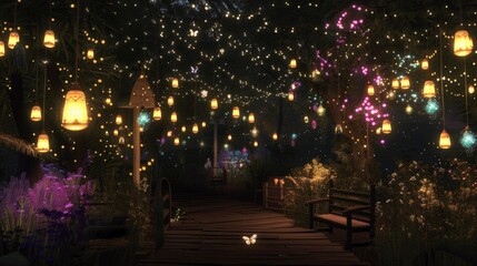 Magical Night Pathway with Fairy Lights and Butterflies