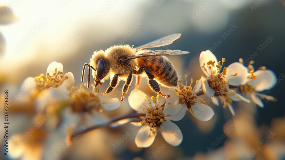 Poster macro shot of a bee on a flower. generative ai.