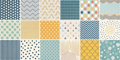 A collection of twenty seamless abstract patterns, each featuring different shapes, lines, and colors for creative design projects