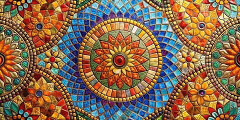 A vibrant mosaic of colorful tiles arranged in intricate patterns, showcasing a captivating interplay of geometric shapes and hues.