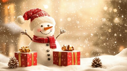 Fototapeta premium christmas - cute snowman with gifts for happy christmas and new year festival wallpaper