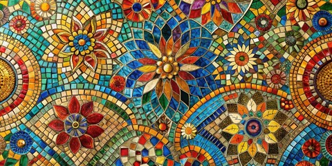 A vibrant mosaic of colorful squares and geometric shapes, forming abstract floral patterns, showcasing intricate details and a kaleidoscope of colors.