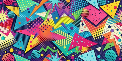 A vibrant and eclectic geometric pattern featuring a playful mix of triangles, circles, and dots in a kaleidoscope of colors.