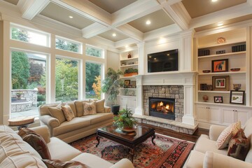 Spacious living room featuring natural wood floors, comfortable seating, elegant stone fireplace, built-in shelves, and white coffered ceilings with a chandelier, creating a luxurious home interior.