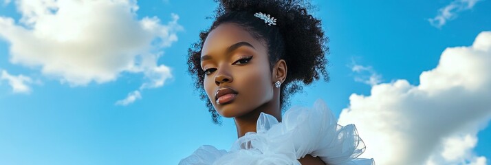 young woman wearing puffy princess dress, outdoors, perfect blue sky and landscape,